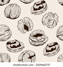 Walnut Vector Cartoon Seamless Pattern Background For Wallpaper, Wrapping, Packing, And Backdrop.