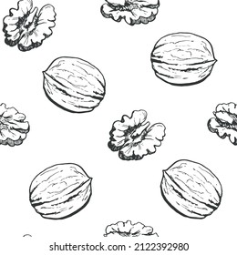 Walnut vector seamless pattern, black and white elements. Hand drawn sketch.Graphic illustration for design packaging, textile, wallpaper, fabric