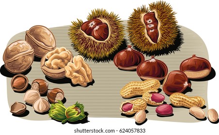 Walnuts, chestnuts, hazelnuts and peanuts, scattered on a floor.
