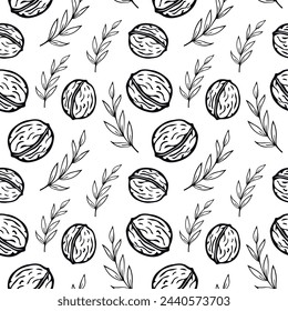Walnuts and leaves in doodle style. Seamless pattern. Can be used for web page background fill, surface texture