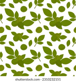 Patrón de nueces sin costura. Nueces verdes con hojas y textura interminable sobre fondo blanco. Ilustración del vector
