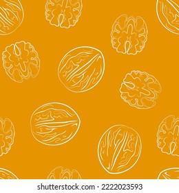 Walnuts seamless pattern. Line art vector illustration. Healthy food background.