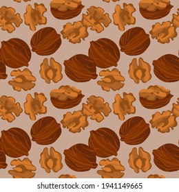 Walnuts seamless pattern. Nuts in shell and kernels. Hand drawn style vector background for print design, menu, confectionery or kitchen textile.