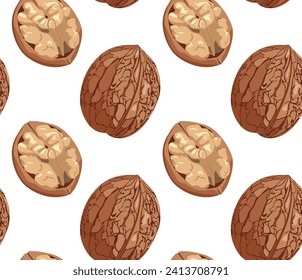 Walnuts in shell and shelled. Seamless pattern in vector. Suitable for prints and backgrounds.