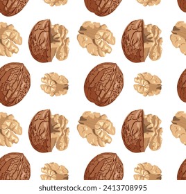 Walnuts in shell and without it with walnut kernels. Seamless pattern in vector. Suitable for prints and backgrounds.