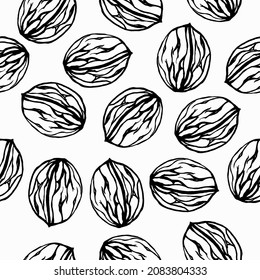 Walnuts, whole in the shell, seamless pattern.Vector pattern,manual drawing.