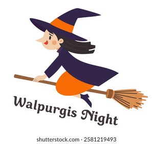 Walpurgis night. Cute witch flying on broomstick. Vector isolated illustration.