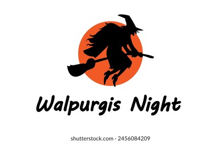 Walpurgis night witch on a broomstick red moon, vector art illustration.