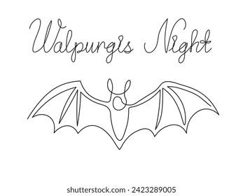 Walpurgis night.Abstract bat and inscription.continuous one line art hand drawing sketch.