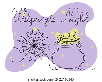 Walpurgis night.Abstract cobwebs and a pot of potion and inscription.continuous one line art hand drawing sketch.