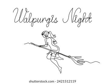Walpurgis night.Abstract witch is flying on a broomstickand and inscription.continuous single line art hand drawing sketch.
