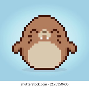 Walrus in 8 bit pixel art. Animal for game asset and cross stitch pattern in vector illustration.