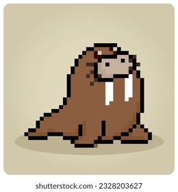 Walrus en arte de píxeles de 8 bits. Animal para activos de juego y patrón de puntos cruzados en ilustración vectorial.