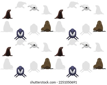 Walrus Beluga Seal Whale Cute Cartoon Poses Seamless Wallpaper Background