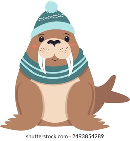 Walrus with big tusks wearing a hat and scarf isolated. Illustration for kids, prints, cards in flat style