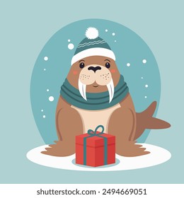 Walrus with big tusks wearing a hat and scarf in winter. Illustration for kids, prints, cards in flat style