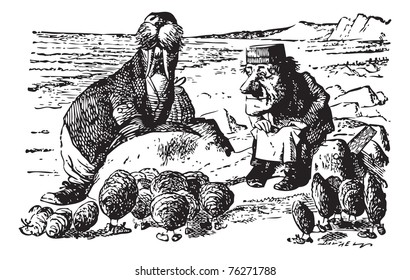 The Walrus, The Carpenter and the Little Oysters - original book engraving. Walked on a mile or so, And then they rested on a rock Conveniently low: And all the little Oysters stood