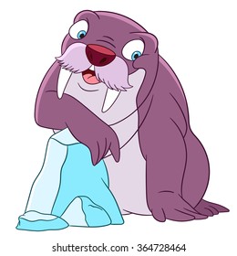 Walrus. Cartoon character isolated on white background. Colorful design for kids activity book, coloring page, colouring picture. Vector illustration for children.