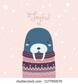 Walrus. Christmas vector card with cute animal in a cozy Norwegian sweater, in pastel colors.
Minimalist flat illustration in Scandinavian style