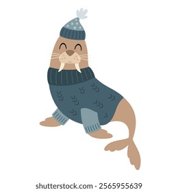 Walrus clipart. Cute Arctic animal clipart. Hand draw vector illustration in flat style