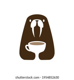 walrus coffee cup drink negative space logo vector icon illustration