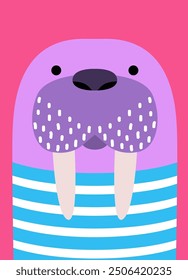 Walrus, colorful flat illustration. Cartoon, doodle. Vector print for children's clothes, postcards, posters, decor, tee print, children's room decorations.