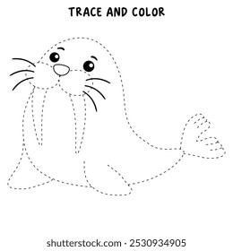 Walrus coloring pages for kids. Trace and color Walrus. Walrus animal flashcard for kids vector illustration. Letters W is for Walrus. Kindergarten and preschool worksheets printable for kids.