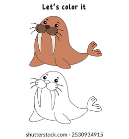 Walrus coloring pages for kids. Trace and color Walrus. Walrus animal flashcard for kids vector illustration. Letters W is for Walrus. Kindergarten and preschool worksheets printable for kids.