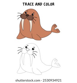 Walrus colorir páginas para crianças. Traço e cor Walrus. Walrus animal flashcard para crianças ilustração vetorial. Letras W é para Morsa. Planilhas de jardim de infância e pré-escola imprimíveis para crianças.