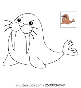 Walrus coloring pages for kids. Trace and color Walrus. Walrus animal flashcard for kids vector illustration. Letters W is for Walrus. Kindergarten and preschool worksheets printable for kids.