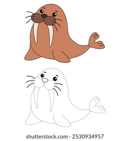 Walrus colorir páginas para crianças. Traço e cor Walrus. Walrus animal flashcard para crianças ilustração vetorial. Letras W é para Morsa. Planilhas de jardim de infância e pré-escola imprimíveis para crianças.