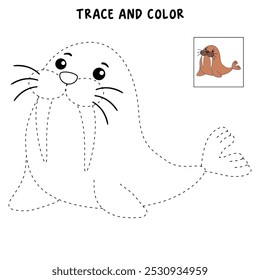 Walrus colorir páginas para crianças. Traço e cor Walrus. Walrus animal flashcard para crianças ilustração vetorial. Letras W é para Morsa. Planilhas de jardim de infância e pré-escola imprimíveis para crianças.