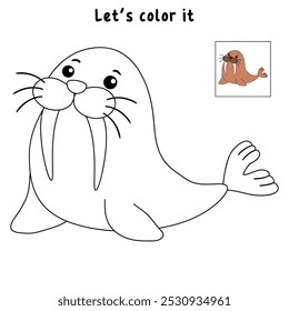 Walrus colorir páginas para crianças. Traço e cor Walrus. Walrus animal flashcard para crianças ilustração vetorial. Letras W é para Morsa. Planilhas de jardim de infância e pré-escola imprimíveis para crianças.