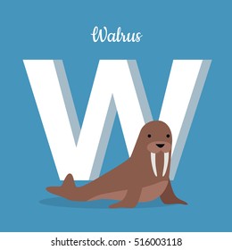 Walrus cow on ice floe with letter W isolated on blue. Large flippered marine mammal distributed about North Pole in Arctic Ocean. Part of alphabetic series with animals. ABC, alphabet. Vector