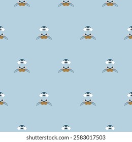 Walrus cute Arctic animal pattern. Seamless blue background with Cartoon characters antarctic winter animals