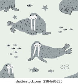 Walrus. Cute Background with animals. Baby Oceanic pattern for Fabric Textile, Wallpaper, Wrapping. Vector illustration