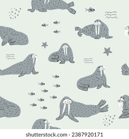 Walrus. Cute Background with animals. Baby Oceanic pattern for Fabric Textile, Wallpaper, Wrapping. Vector illustration
