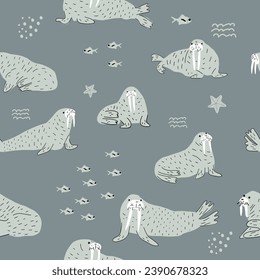 Walrus. Cute Background with animals. Baby Oceanic pattern for Fabric Textile, Wallpaper, Wrapping. Vector illustration