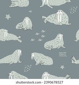 Walrus. Cute Background with animals. Baby Oceanic pattern for Fabric Textile, Wallpaper, Wrapping. Vector illustration