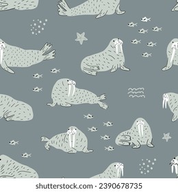 Walrus. Fondo lindo con animales. Patrón oceánico de bebé para tela textil, papel tapiz, envolvimiento. Ilustración del vector