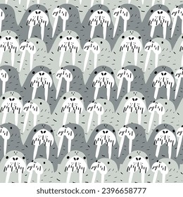 Walrus. Cute Background with animals. Baby Oceanic pattern for Fabric Textile, Wallpaper, Wrapping. Vector illustration