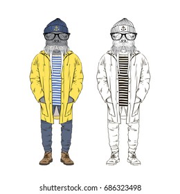 walrus dressed up in yellow raincoat, furry art illustration, fashion animals