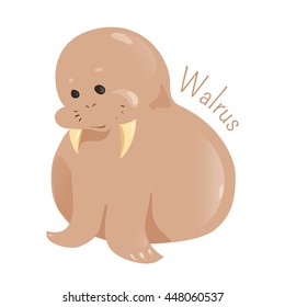 Walrus isolated on white background. Only living species in the family Odobenidae. Part of series of cartoon sea creature species. Marine animals. Sticker for kids. Child fun pattern icon. Vector