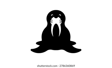 Walrus looking out of ice hole, black isolated vector silhouette