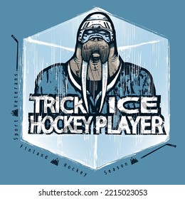 Walrus mascot of a hockey team, in the background an ice cube. Walrus hockey player. Team sport illustration concept.