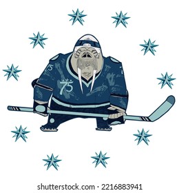 Walrus mascot of a hockey team. Walrus hockey player in the middle of a circle made of stars. Animal sport illustration concept.