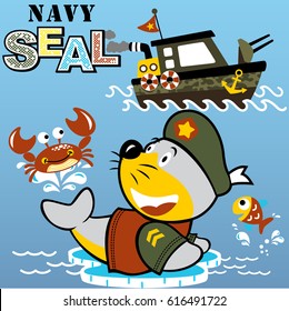 Walrus The Navy Seal With Warship, Vector Cartoon