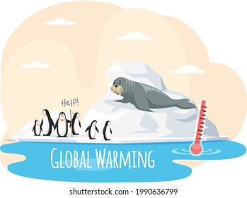 Walrus on glacier is saved from climate change and global warming. Animals during global warming concept. Penguins on ice floe hold sign help. Increase in water temperature affects animal kingdom