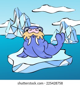 Walrus on the iceberg. Vector illustration for children