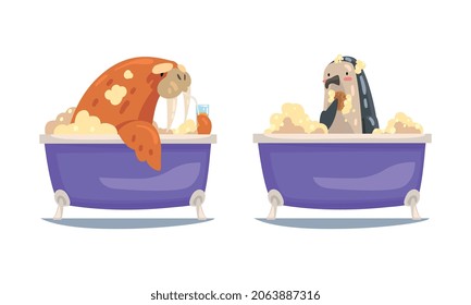 Walrus and Penguin in the Bathtub Washing Body with Soap Vector Set
